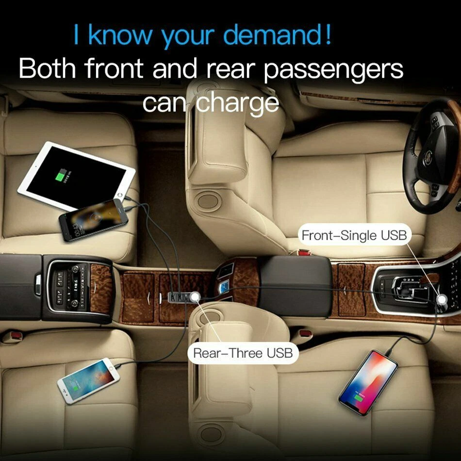 Cargador de coche Baseus multi puerto USB (4) 5,5 A carga rápida con cable largo Foto 2 de 4