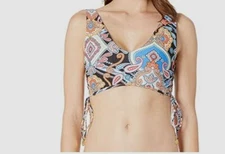 $69 Luli Fama Women's Blue Side Lace V-Neck Crop Bikini Top Swimwear Size Large