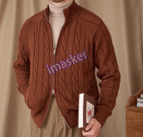 Cotton Knit British Thickened Double Zipper Cardigan Mens Stand Collar Sweater