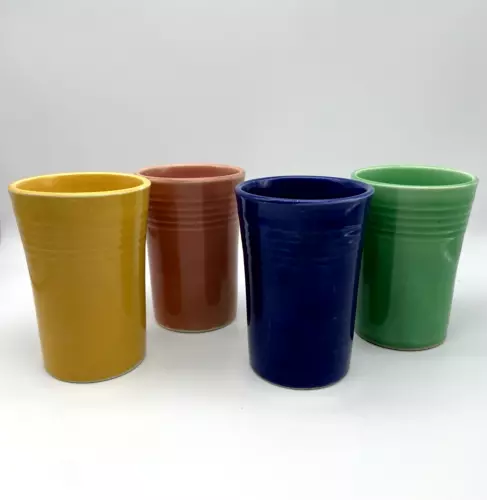 4 Vtg Fiestaware Juice Tumblers Original Colors Green Blue Yellow Rose 3.5" 30's