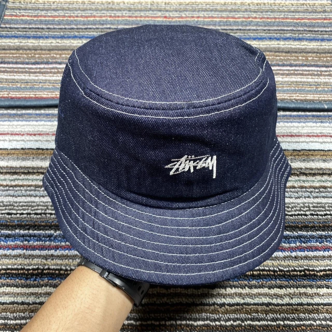 STUSSY BUCKET HAT CONTRAST STITCH BUCKET HAT INDIGO SUMMER CAMPING OUTDOOR Y2K