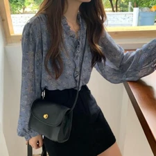 S-XXL Floral Print Chiffon Blouse Women Puff Sleeve Korean Fashion Women's Wear