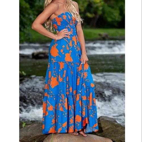 Able The Label Maxikleid blau orange Stufen trägerlos Gr. S Boho Resortwear