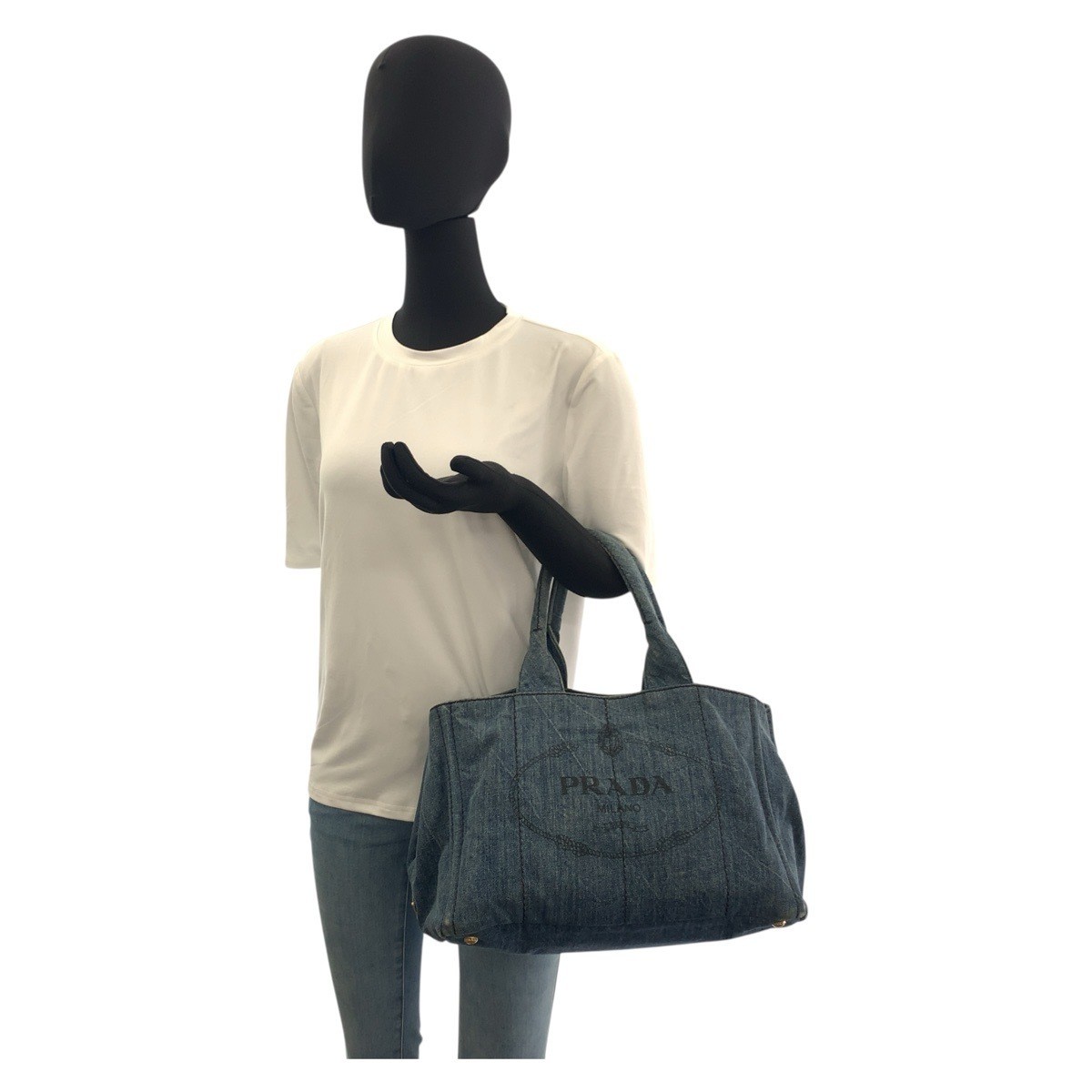 PRADA Canapa Triangle Logo Plate Blue Gold Hardware Canvas Tote Bag Handbag Ladi thumbnail 6