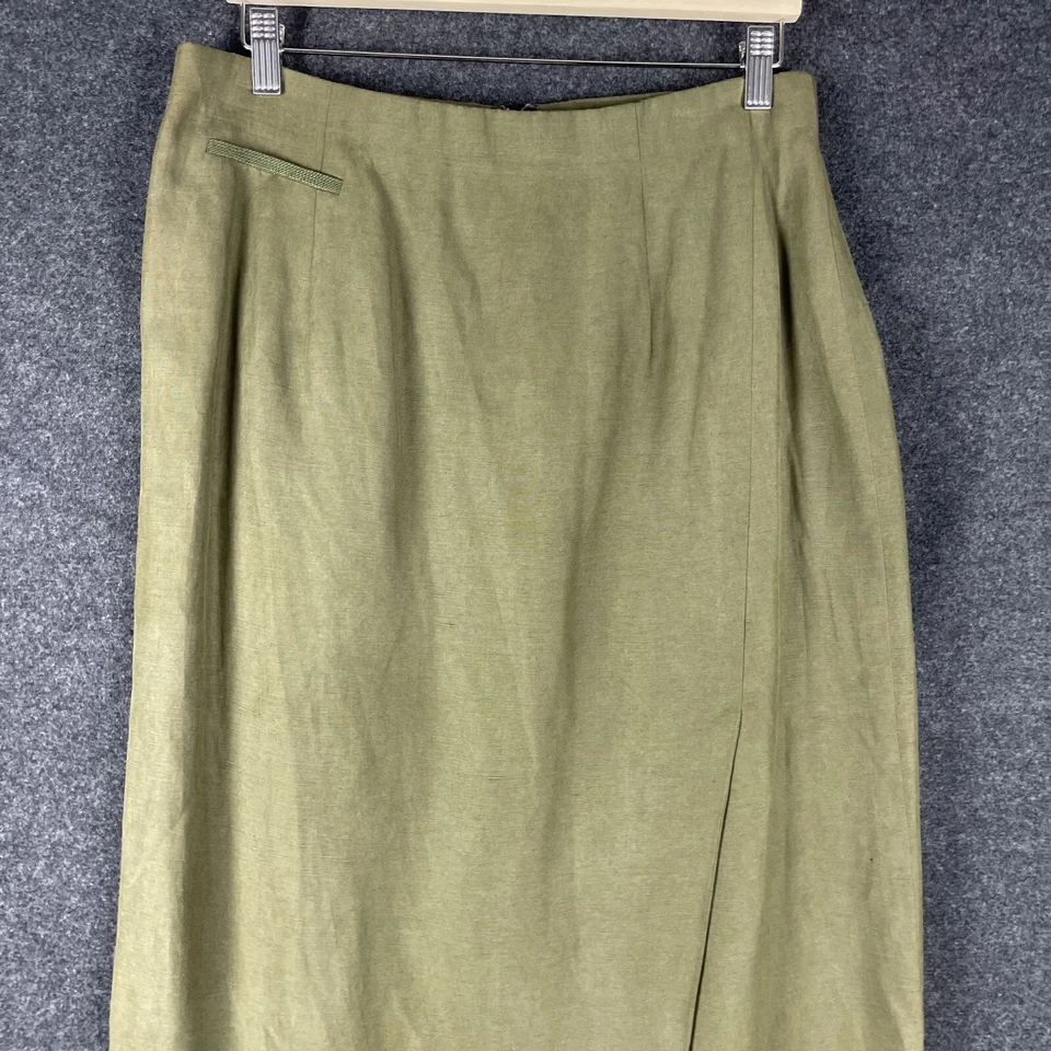 Винтажная Worth Шелковая Льняная Длинная Юбка Женская 14 Зеленая Прямая Разрез Классическая Минимальная - Изображение 2 из 4