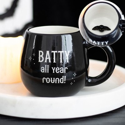 Boxed Spooky Gothic Peek-a-Boo Batty All Year Bat Black White Ceramic Gift Mug
