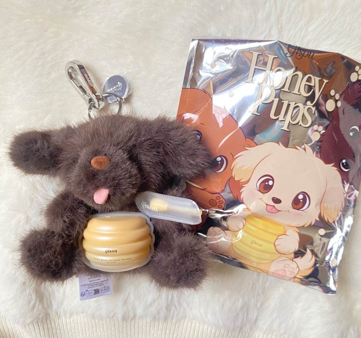 Gisou Honey Pup Fluffy Dark Chocolate Brown Plush Keychain + Lip