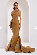 Fouad Sarkis 2425 Evening Gown Long Mustard/Yellow Gold Color, Elegant and Chic