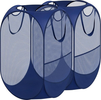Mesh Pop-Up Laundry Hamper Basket with Side Pocket, Dark Blue - 2 Pack