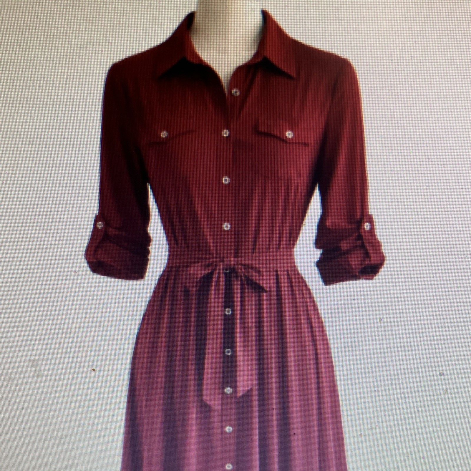 Burgundy Collared Button-Down Belted Midi Shirt D… - image 1