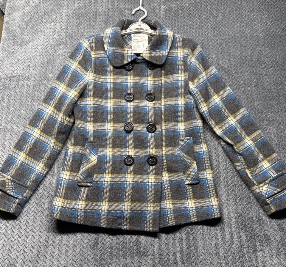 Chaqueta chaquetón Aeropostale para mujer L gris azul mezcla de lana a cuadros doble pecho Foto 2 de 4