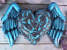 Blue Heart Wings Milagros Handmade Wood Mexican Folk Art Love Token Medium Size