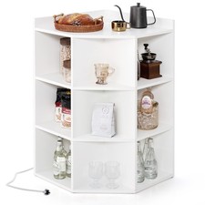 COSTWAY 3-Tier Corner Cabinet Wooden Open Corner Bookshelf w/Charging Station
