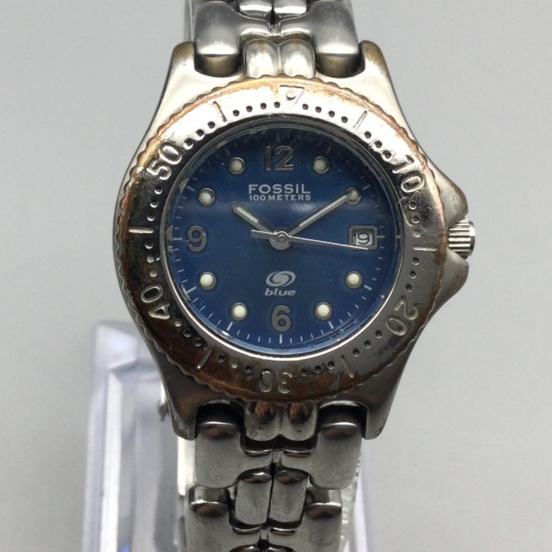 Fossil Blue Watch Womens 27mm Stainless Steel Silver Tone Date New