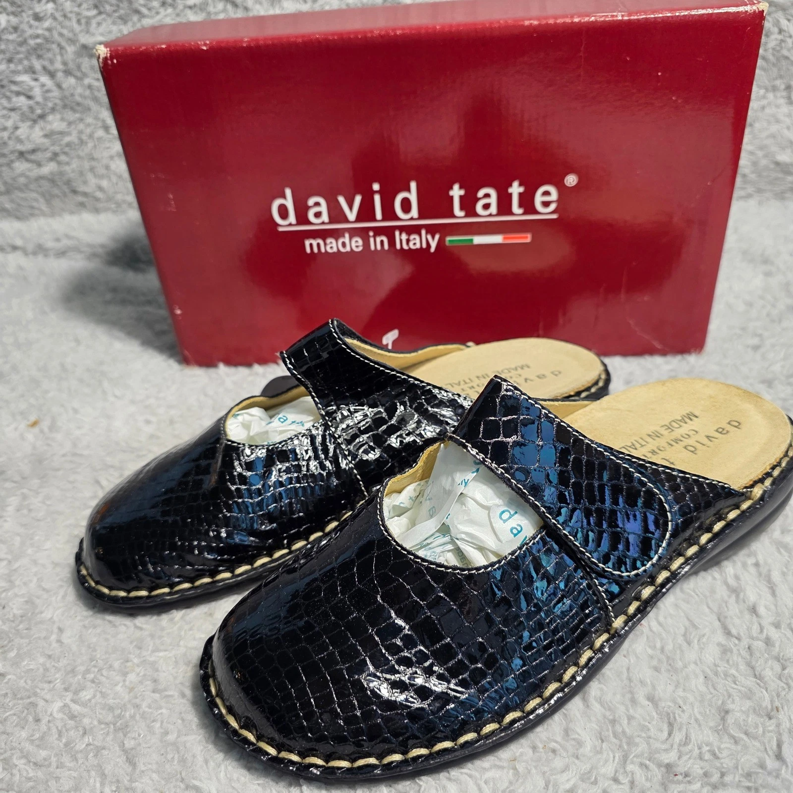 David Tate Black Croc Embossed Leather Mules Clogs Made in Italy EU 37 US NEW