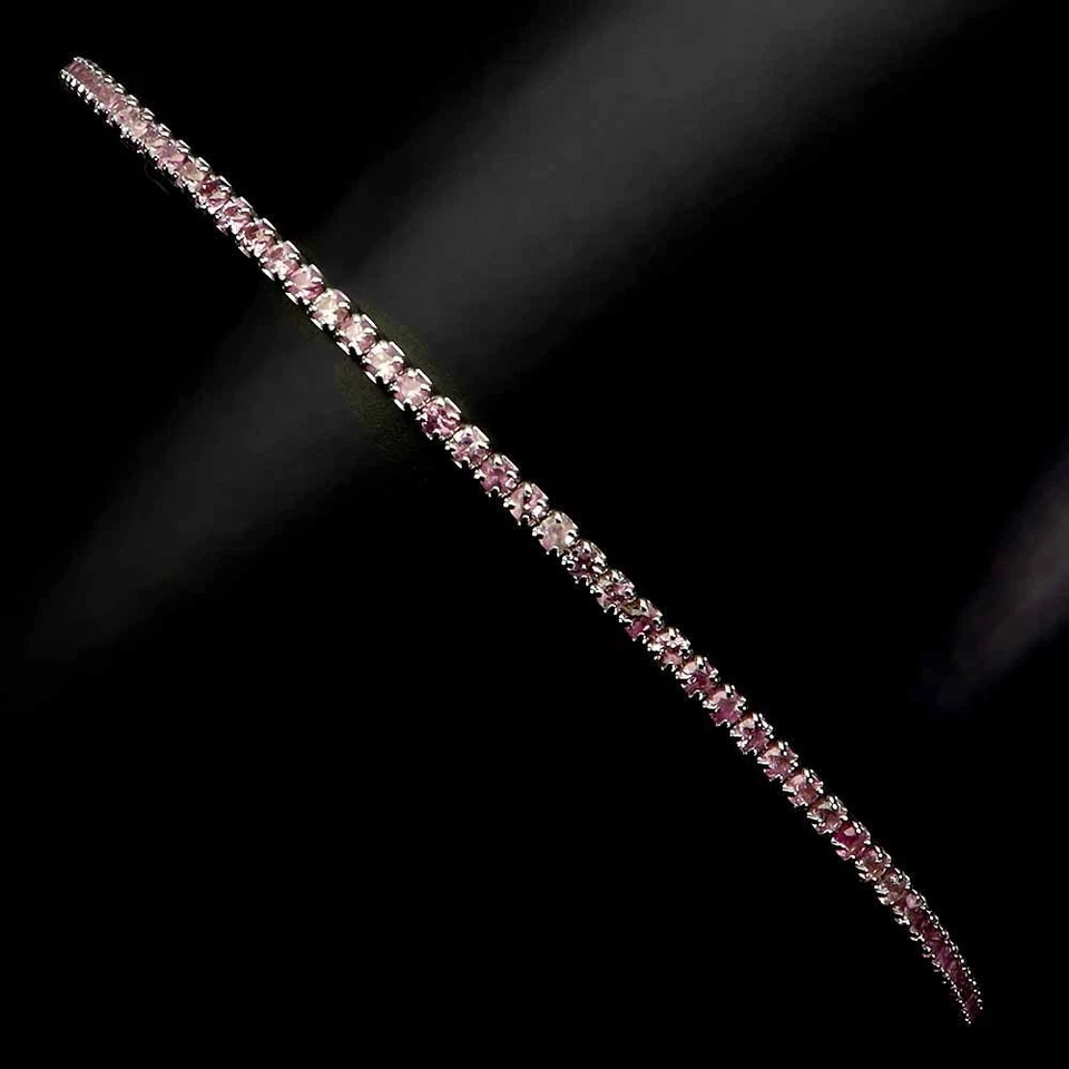 Brazalete de plata de ley 925 zafiro rosa redondo corte diamante piedras preciosas talla 7 Foto 2 de 4