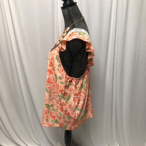 Cruel Top Womens Size Large Orange Green Floral Lace Ruffle V Neck Blouse NEW - Picture 3 of 6
