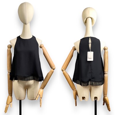 NANUSHKA Damen Top Tank Größe S Schwarz Fransenbesatz Ärmellos Cropped Base Neu
