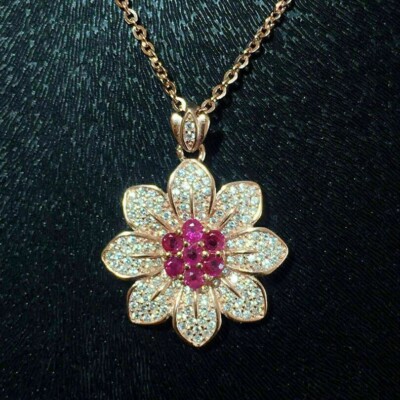 Delicate 1.60Ct Round Cut Red Ruby Flower Pendant 14k Rose Gold Over Free Chain