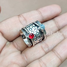 Moonstone  Garnet Cut Gemstone 925 Sterling Silver Spinner Ring Artisan Jewelry