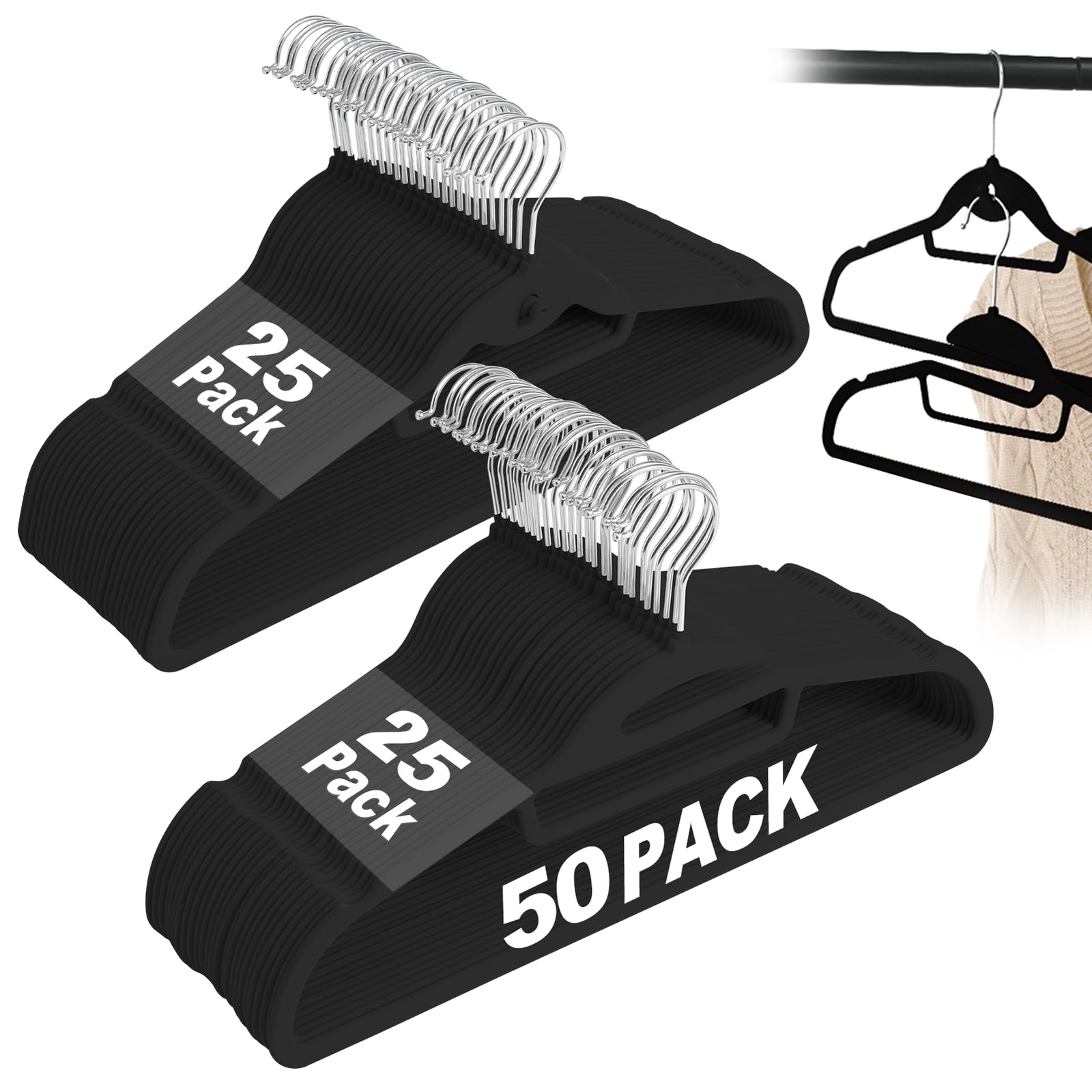 50 Black Velvet S-Shaped Stackable Non-Slip Felt Hangers-image