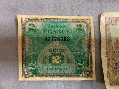 BANK OF FRANCE-1943 VINGT 20 FRANCS 1944 cinq 5 francs 1944 deux 2