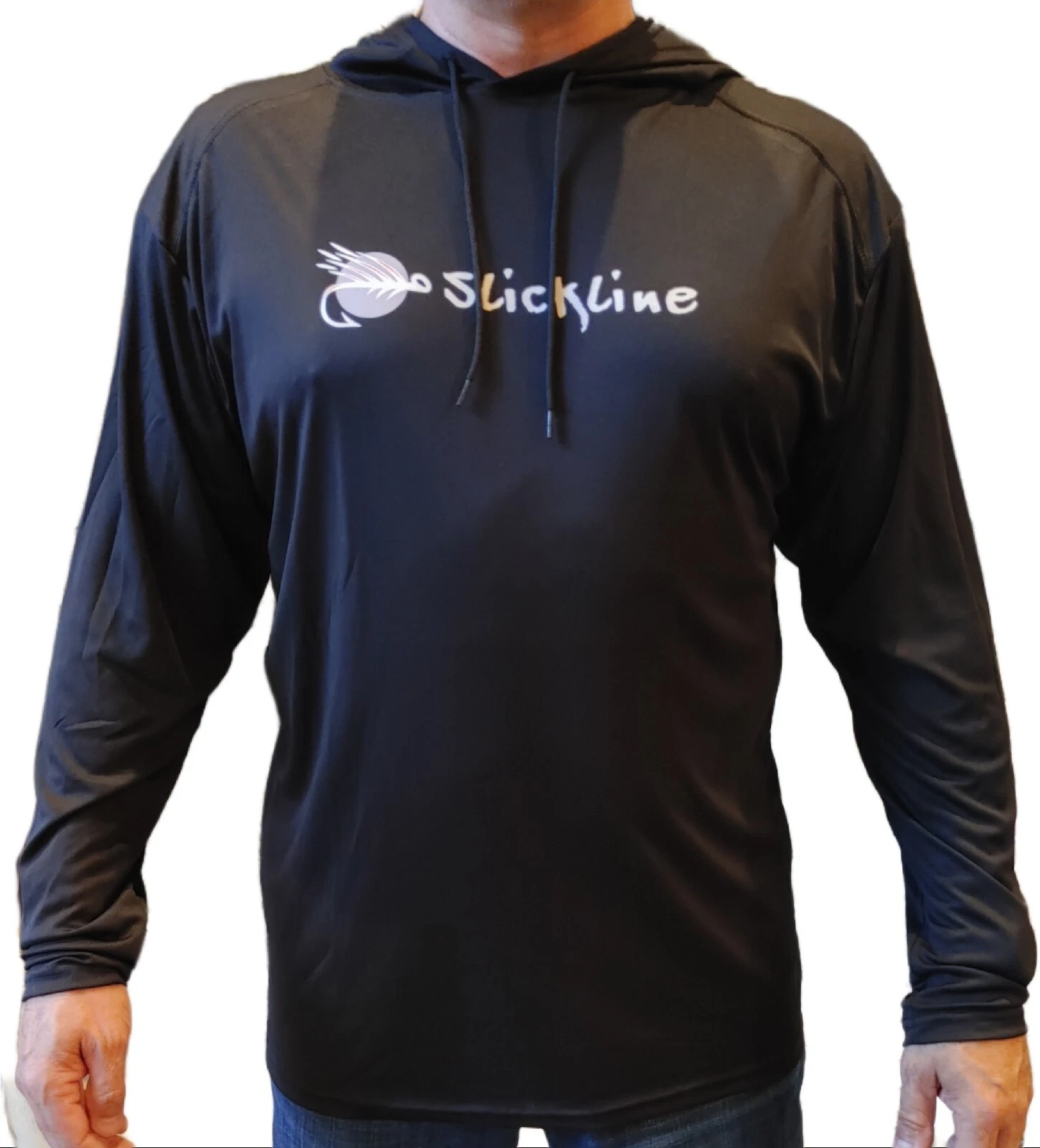 SLICKLINE Logo UPF 50+ UV Quick Dry Cool Long Sleeve Hoodie Fishing Shirt BLACK