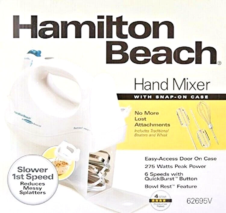 Hamilton Beach White 6 Speed Hand Mixer with Beaters, Whisk, and Easy  Access Snap-On Case 62695V