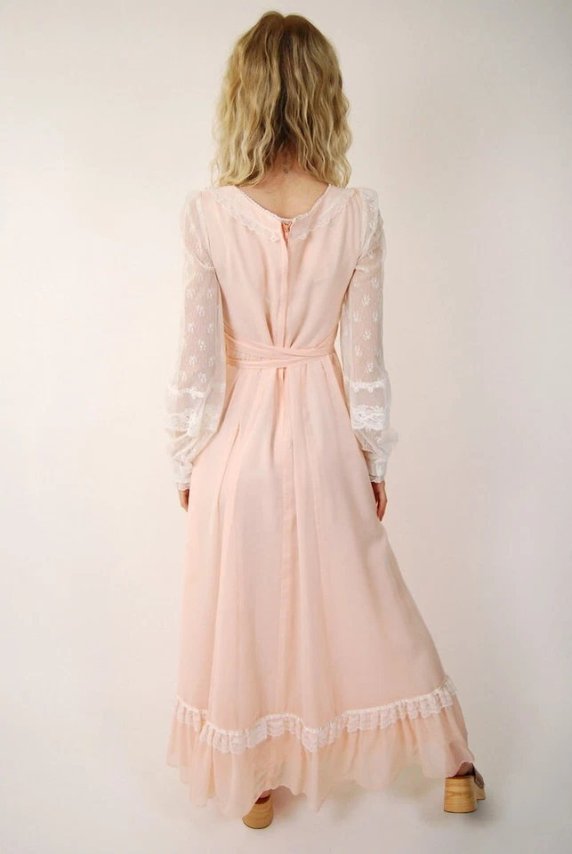 Vestido Gunne Sax Años 70 (S) Vintage Rosa Vestido Pradera Pequeño Boda Pradera Cordones Foto 3 de 4