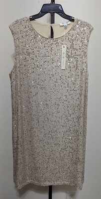 She Sky Women's Ivory Beige Sequin Sleeveless Sheath Knee Length Dress Size XL