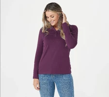Denim & Co. Essentials Anywr Jersey Split V-Neck Henley Top-Deep Plum-XL-A388542
