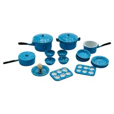 Dollhouse Miniature Blue Speckled Enamelware Pots Pans Muffin Tray Plates Bowls