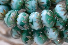 Czech Beads 6x9mm Cruller Tea Green, Malibu Blue and Emerald with a Picasso Fini