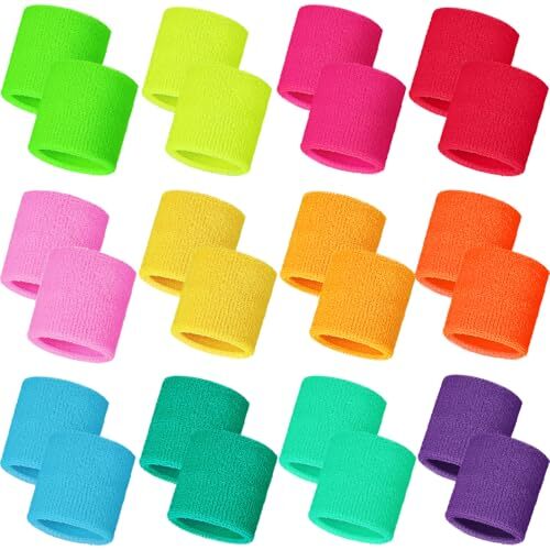 24 Pcs Neon Wristbands for Kids Tennis Wrist Sweatbands 80s Neon