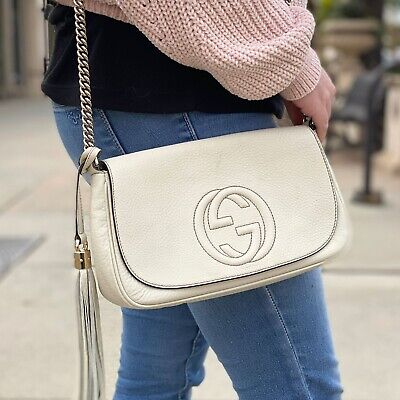 Gucci Soho Off-White Chain Strap Pebbled Calfskin Shoulder Bag