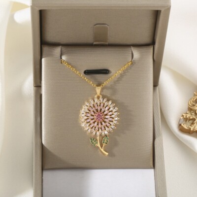 Women's Fashion Jewelry Gold Cubic Zircon Sunflower Pendant Necklace 463