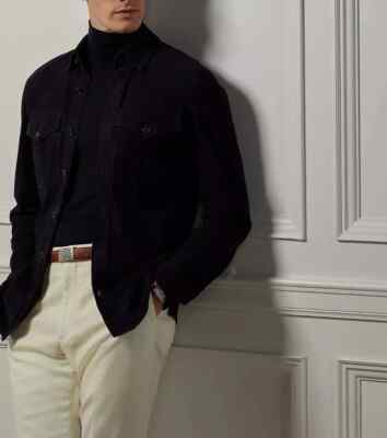 New Handmade Genuine Soft Suede Leather Men's Navy Blue Shirt Casual Fashionable