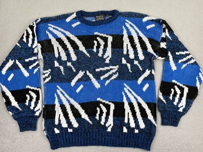 New Era Sweater Mens Large Pullover Blue Geometric Grandpa 90s USA