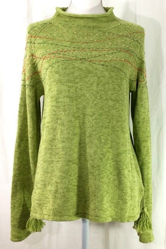 COLDWATER CREEK sweater MEDIUM green orange embroidery long sleeve tassels (J658