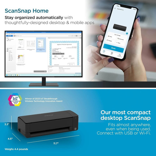 Black Fujitsu ScanSnap ix1300 document scanner with 30ppm, 600dpi, and “Appreciated Innovation Award” badge.