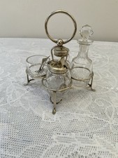 Cruet Set vintage 1930s Silver plated Cut Glass English salt pepper mustard oil