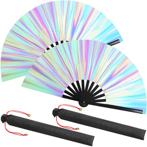2X Large Rave Fan Clap Fans for Line Dancing Holographic Folding Party Hand Fans - Picture 2 of 9