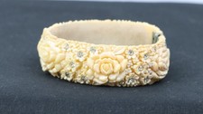Vintage 1950s Carved Celluloid Clamper Bracelet Ivory Floral Rhinestone Hinged
