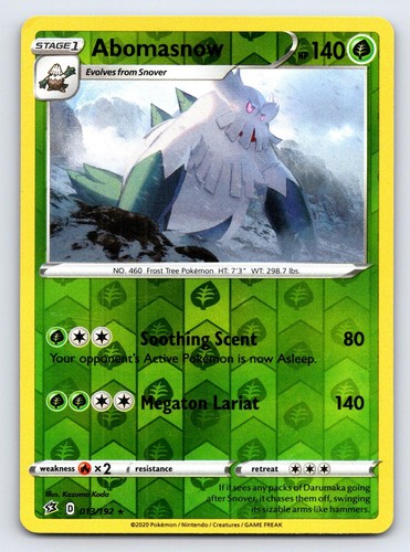Abomasnow 013/192 Rare Rebel Clash Pokemon Reverse Holo Lightly Played