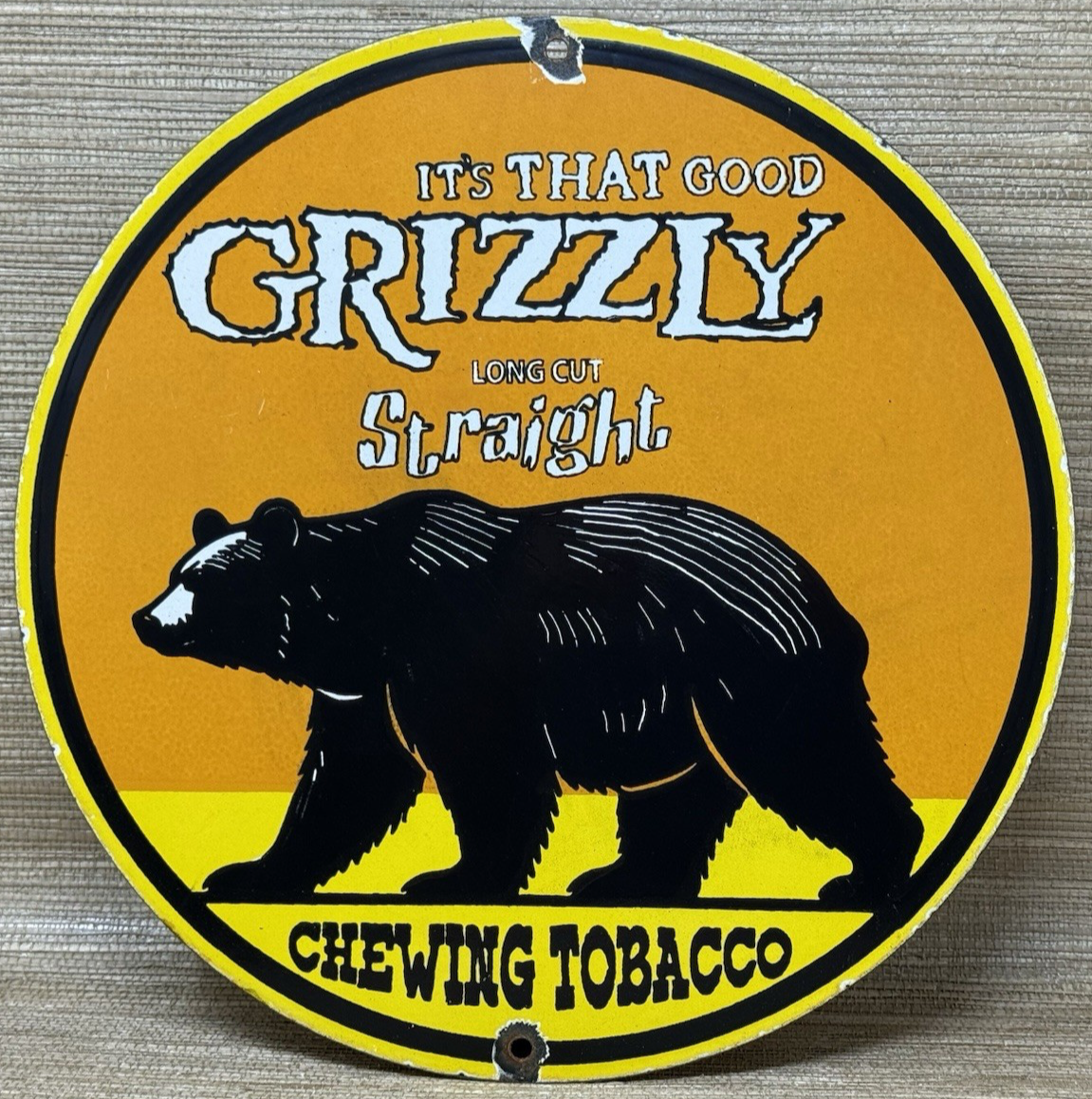 grizzly logo tobacco VINTAGE GRIZZLY CHEWING TOBACCO PORCELAIN SIGN MOTOR OIL GAS STATION BEAR