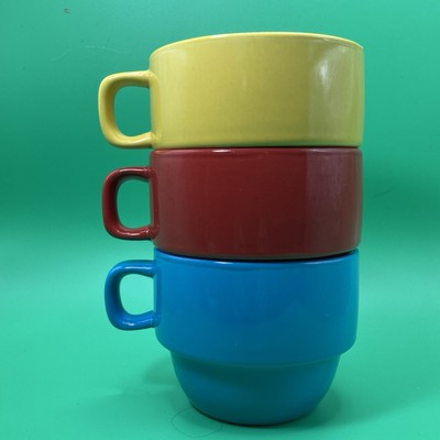 3 Home Trends Stacking Mugs Cups Red Yellow Blue Stoneware EUC