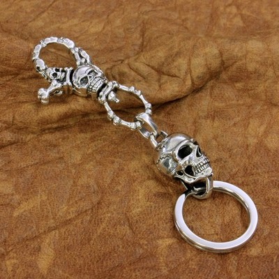 LINSION 925 Sterling Silver Detail Skull KeyRing Mens Punk Keychain TA200A FZ