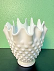 Vtg Fenton Milk Glass Hobnail Handkerchief Vase Footed Compote Planter Scalloped