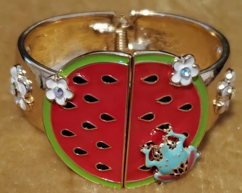 VALENTINO Bracciale Anguria Cerniera Metallo Fascia Tono Oro Con Disegno Rana Multicolore