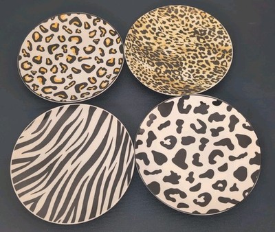 Gibson Home Animal Print Salad Plate 4 Piece Set Leopard Cheetah Zebra 7.5''